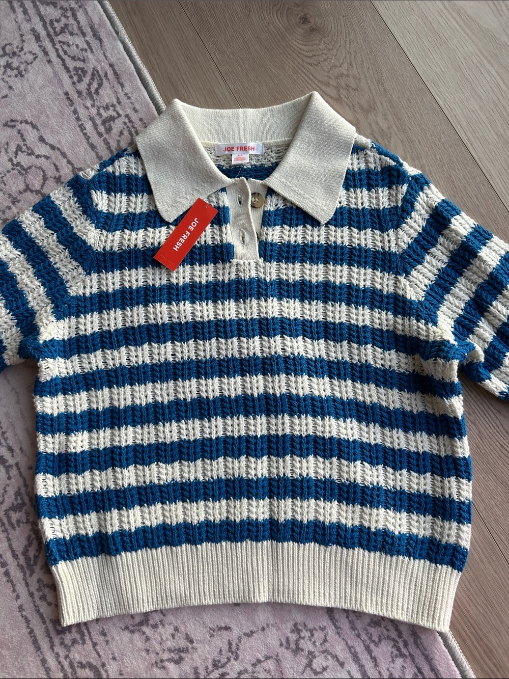 Joe Fresh Blue and Cream Striped Crewneck Polo Sweater